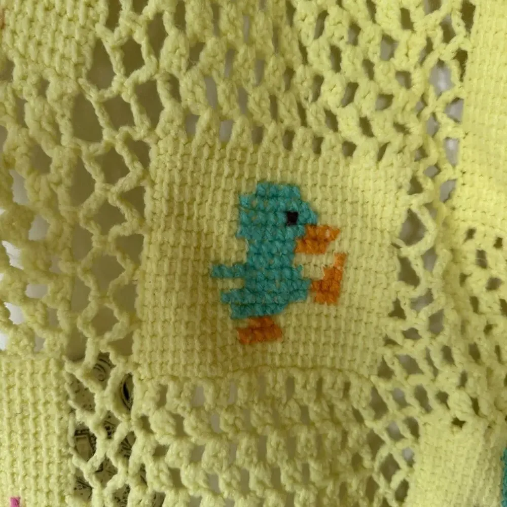 Vintage Handmade Yellow Crochet Knit Baby Blanket Animals Gender Neutral